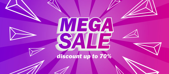 Mega Sale banner with purple background discount up to 70 % off