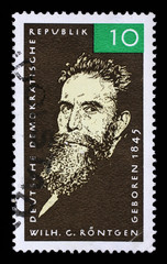 Stamp issued in Germany - Democratic Republic (DDR) shows Wilhelm Conrad Roentgen, 120th Birthday, circa 1965.
