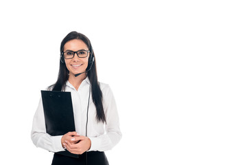 Smiling call center operator in glasses holding clipboard isolated on white