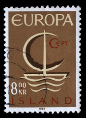 Stamp issued in Iceland shows Stylized sailboat and the inscription 