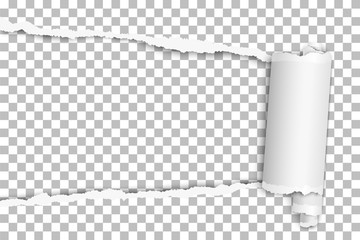 Torn elongated hole from left to right side in transparent sheet of paper with wrapped paper tear. Vector template design. Paper mockup. - obrazy, fototapety, plakaty