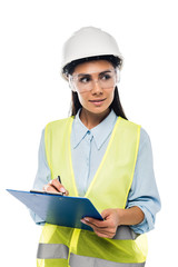 Engineer in hardhat holding clipboard isolated on white