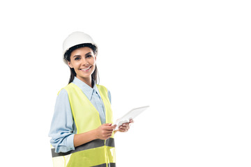 Engineer in safety vest using digital tablet isolated on white
