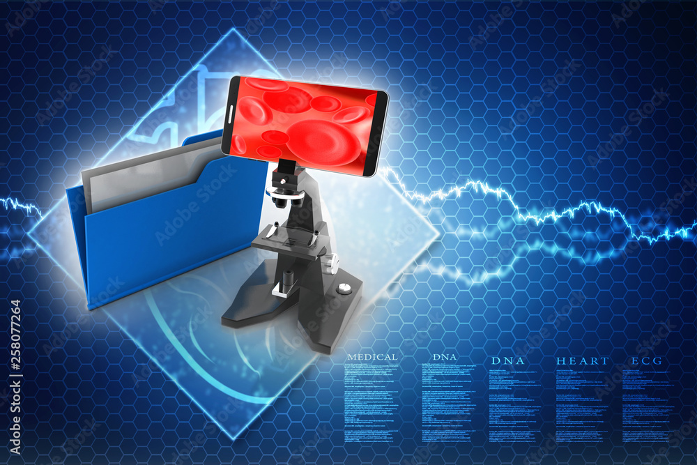 Poster 3d rendering microscope with hospital folder