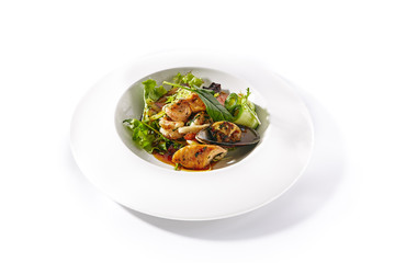 Warm Seafood Salad with Vegetables, Green Leaf Mix and Spicy Dressing