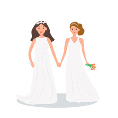 Vector beautiful lesbian couple in white wedding dresses white and orange bouquet of flowers. Same-sex family. Gay marriage. Two brides on isolated white background.