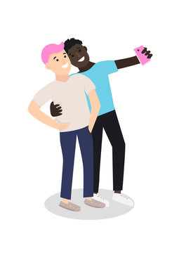 Men embracing couple taking selfie photo. Two happy gay  hold smartphone. Vector Illustration.