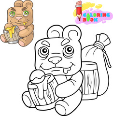 cartoon cute teddy bear eats honey, coloring book, funny illustration