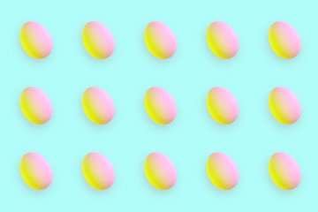 Pattern made of Easter eggs in duotone colors on turquoise background. Minimal styled concept.