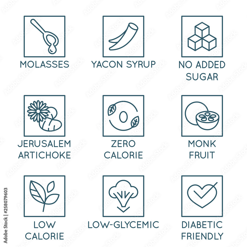Poster vector set of logo design elements, badges and icons - alternative sweeteners. natural substitutes f