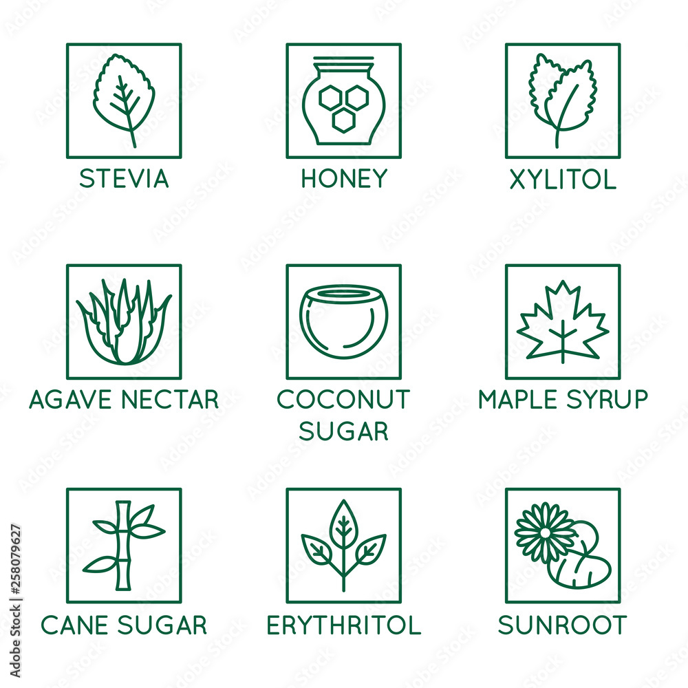 Poster vector set of logo design elements, badges and icons - alternative sweeteners. natural substitutes f