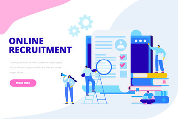 Online Recruitment concept. Employment. Business people team analyzing resume. Flat  vector illustration  for web.