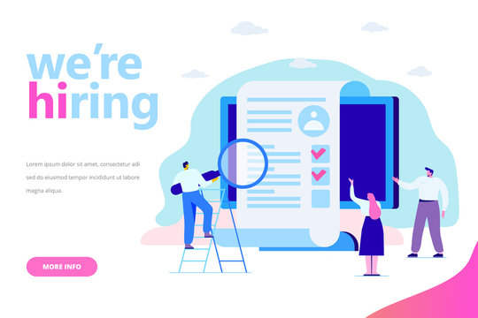 Online Recruitment concept. Employment. Business people team analyzing resume. Flat vector illustration for web.