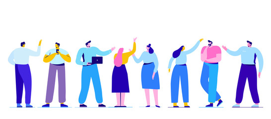 Creative team characters flat vector horizontal banner. Discussion people. Team thinking and brainstorming.  Flat vector illustration.