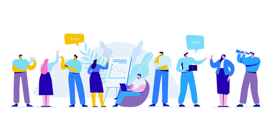 Creative team characters flat vector horizontal banner. Discussion people. Team thinking and brainstorming.  Flat vector illustration.