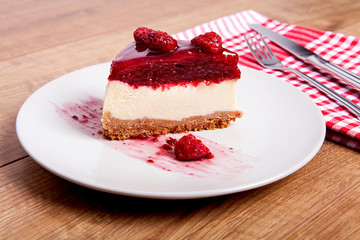 Raspberry Cheesecake on a plate.