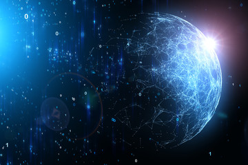 Dark blue colored abstract computer cyberspace background with digital  sunny sphere illustration.