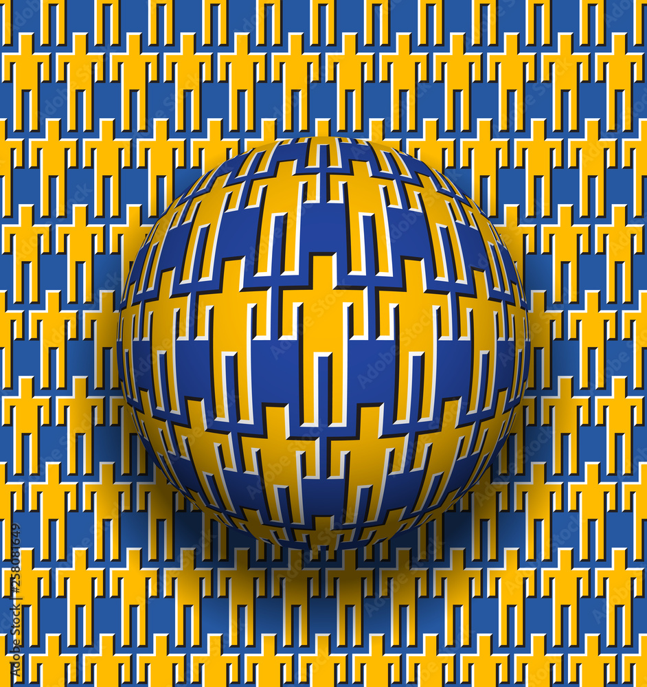 Poster unity of people optical illusion concept. rotating sphere over moving surface with men symbols.