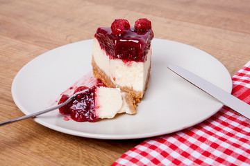 Raspberry Cheesecake on a plate.