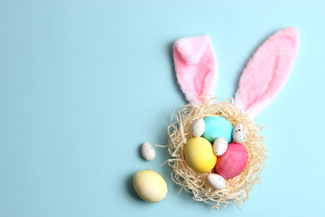  easter composition. Easter eggs on a colored background top view.