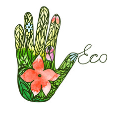 Logo hand consisting of leaves and flowers ecological appeal vector image