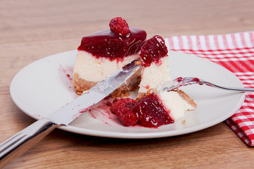 Raspberry Cheesecake on a plate.