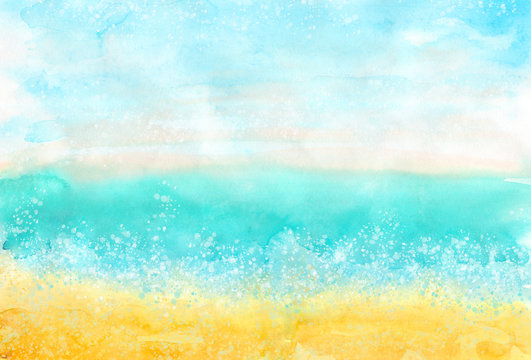 Watercolor horizontal colorful beach background for summer design