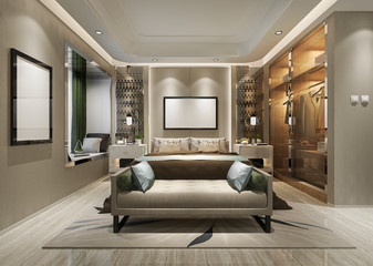 3d rendering luxury modern bedroom suite tv with wardrobe and walk in closet
