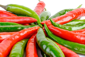 Close-up of some red and green chillies mixed