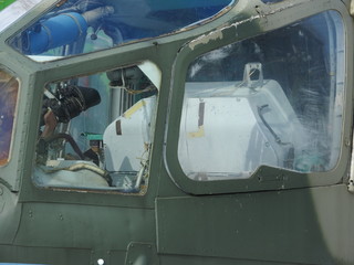 Military helicopter, propellers, installations and units for shooting, close-up.