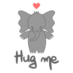cute vector hand drawn lettering hug me card with cartoon lovely baby elephant 