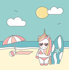 cute cool cartoon unicorn surfer on the beach funny summer vector illustration