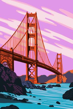 San Francisco Golden Gate Bridge Purple Sky River and Rocks 