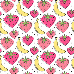 cute lovely heart strawberries and banana seamless vector pattern background illustration