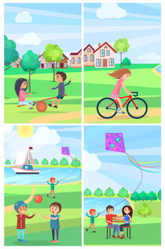 Children having fun in summer park vector poster of four images. Kids on teetering board, playing ball, girl riding bike, boy flying kite