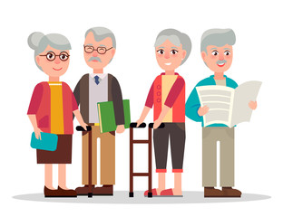 Elderly couples with grey hair, wooden canes, eyesight glasses, book in hardcover and daily newspaper isolated vector illustration.