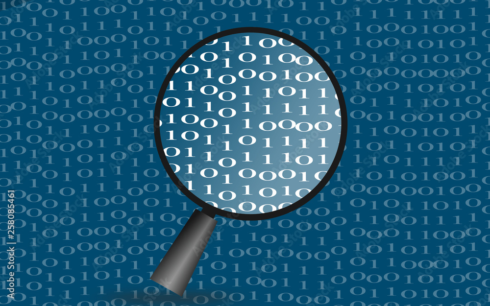Poster binary code with magnifying glass