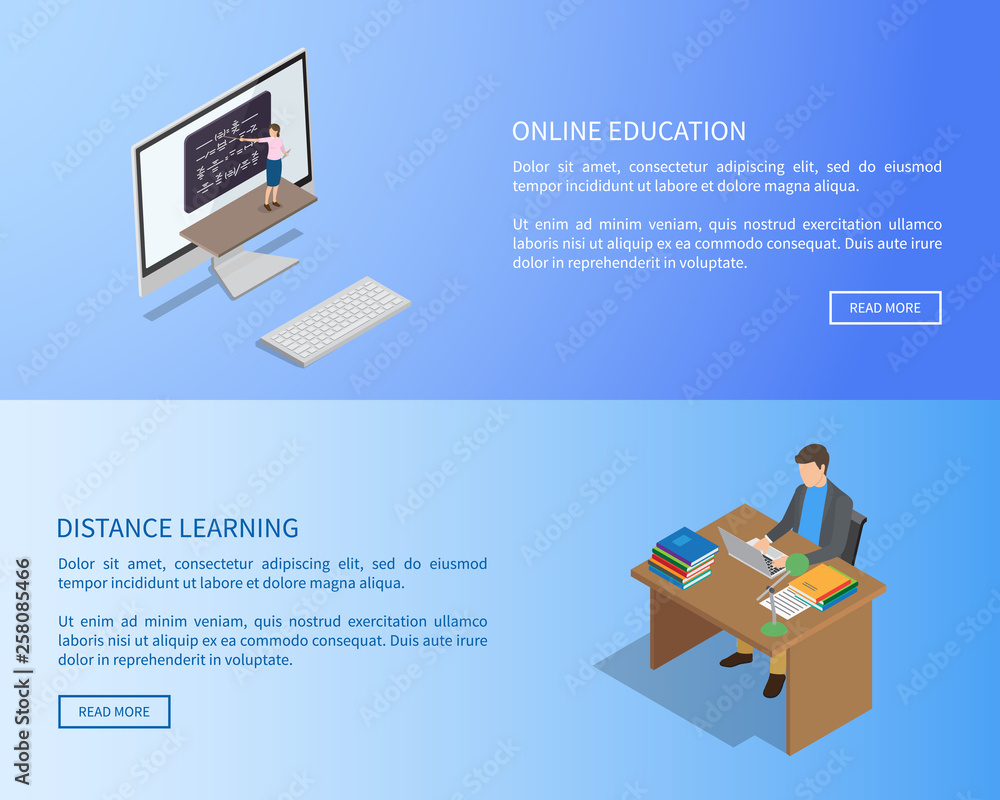 Poster online education and distance learning internet page template with modern computer and student at de