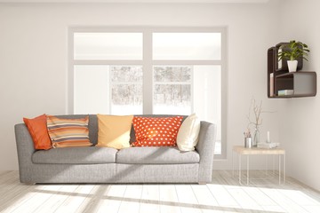 White stylish minimalist room with sofa. Scandinavian interior design. 3D illustration