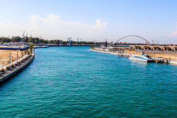 Beautiful night view of Dubai Canal, Water Canal in Downtown with reflection, Dubai, United Arab Emirates