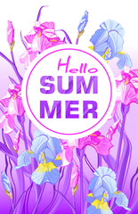 Hello Summer banner with blue and purple flowers, flower iris design for banner, flyer, invitation, poster, placard, web site or greeting card. 