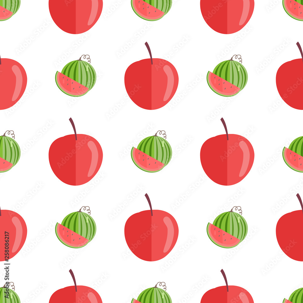 Poster seamless pattern with red apples and watermelons half and slice isolated on white background. endles