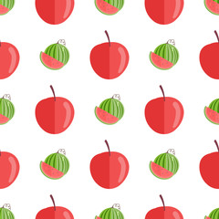 Seamless pattern with red apples and watermelons half and slice isolated on white background. Endless texture with healthy fruits vector illustration