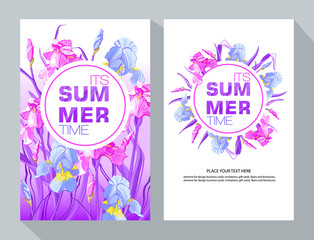 Summer Time banner with blue and purple flowers, flower iris design for banner, flyer, invitation, poster, placard, web site or greeting card. Vector illustration