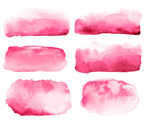 Collection of abstract watercolor hand drawn pink brush strokes.