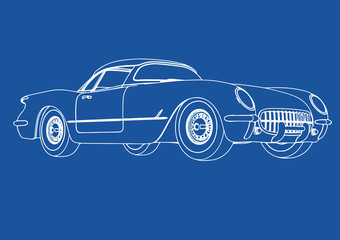 Naklejka premium drawing of a retro sport car on blue background vector