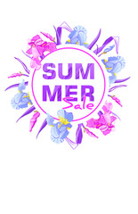 Summer sale banners with blue and purple flowers, flower iris design for banner, flyer, invitation, poster, placard, web site or greeting card. 