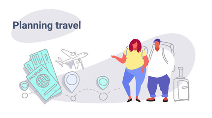 fat obese man woman travelers standing together overweight couple planning travel concept people with baggage choosing hotel and tickets booking sketch doodle horizontal