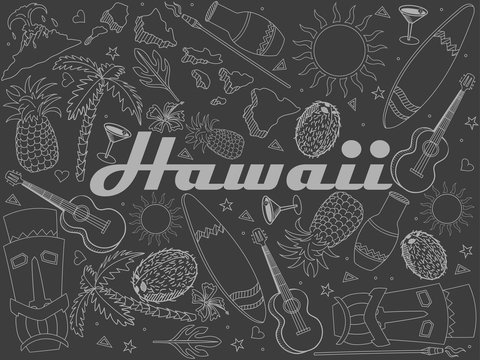 Hawaii piece of chalk line art design raster. Separate objects. Hand drawn doodle design elements.