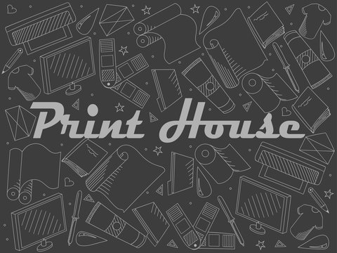 Print house piece of chalk line art design raster. Separate objects. Hand drawn doodle design elements.